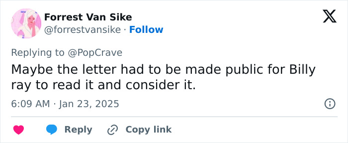 Tweet discussing Billy Ray Cyrus and public letter for consideration.