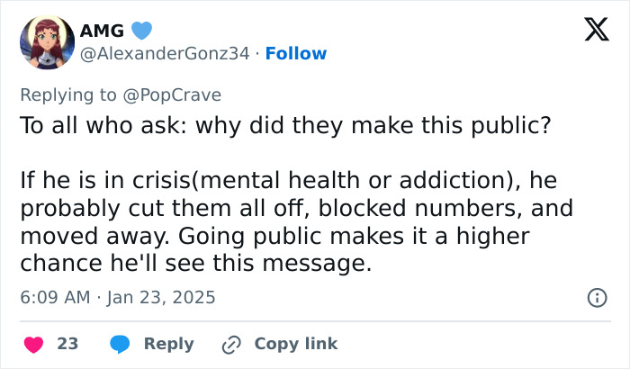 Tweet discussing public approach due to a crisis, mentioning mental health or addiction.