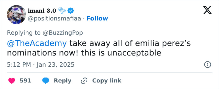 Tweet criticizing "Emilia Pérez" director, calling Cynthia Erivo's Oscar nomination unacceptable.