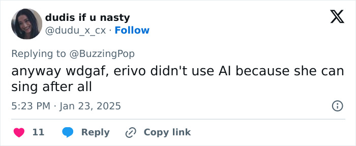 Tweet referencing Cynthia Erivo's Oscar nomination and her singing ability without AI assistance.