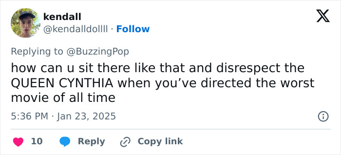 Tweet criticizing Emilia Pérez director's comments on Cynthia Erivo's Oscar nomination.