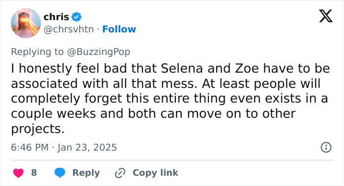 Tweet expressing sympathy for Selena and Zoe, relating to recent events involving Cynthia Erivo's Oscar nomination.