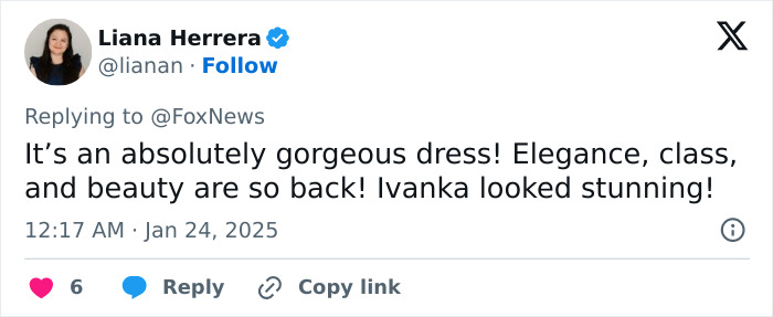 Tweet praising Ivanka Trump's elegance and class in her dress, mentioning beauty and style.