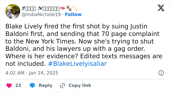 Tweet discusses Blake Lively's gag order attempt against Justin Baldoni's lawyer, referencing a complaint. #BlakeLivelyisialiar