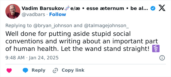 Tweet commenting on writing about human health, applauding disregard for social conventions.