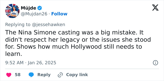 Tweet criticizing Zoe Saldaña's casting as Nina Simone, with emphasis on respecting her legacy and Hollywood's learning curve.