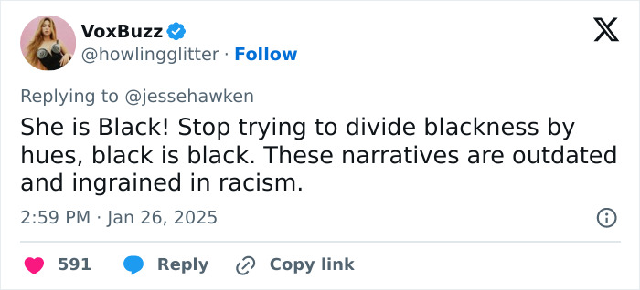 Tweet discussing blackness in relation to Zoe Saldaña's scandal and racial narratives.