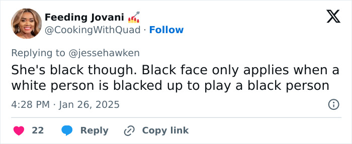 Tweet discussing blackface and its implications, dated January 26, 2025, with engagement options visible.