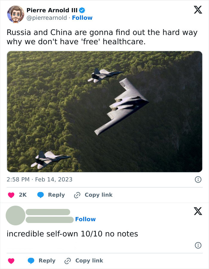 Tweet showing military aircraft with a sarcastic comment about healthcare as a perfect comeback.