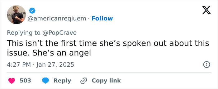 Tweet praising Selena Gomez for speaking out, calling her "an angel.