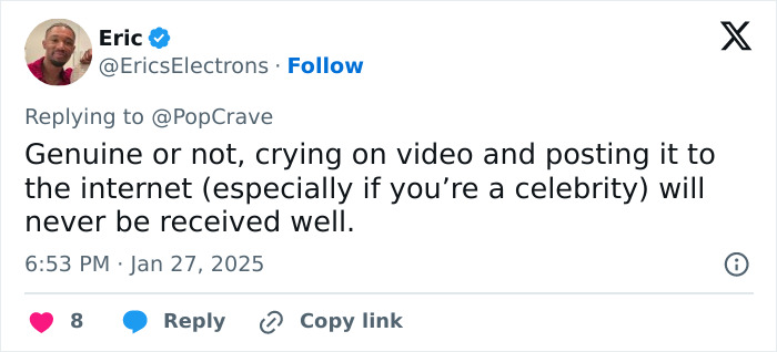 Tweet discussing reactions to posting crying videos online, related to Selena Gomez controversy.