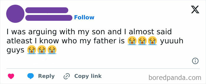 Tweet of a mother humorously sharing a comeback during an argument with her son, expressing an amusing parenting moment.