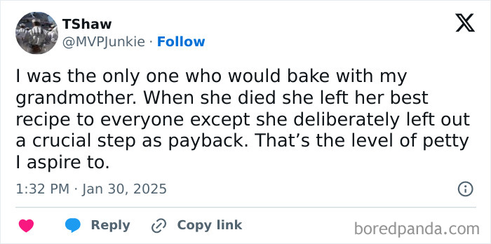 Tweet meme about a grandmother's baking recipe prank, highlighting funny food humor.