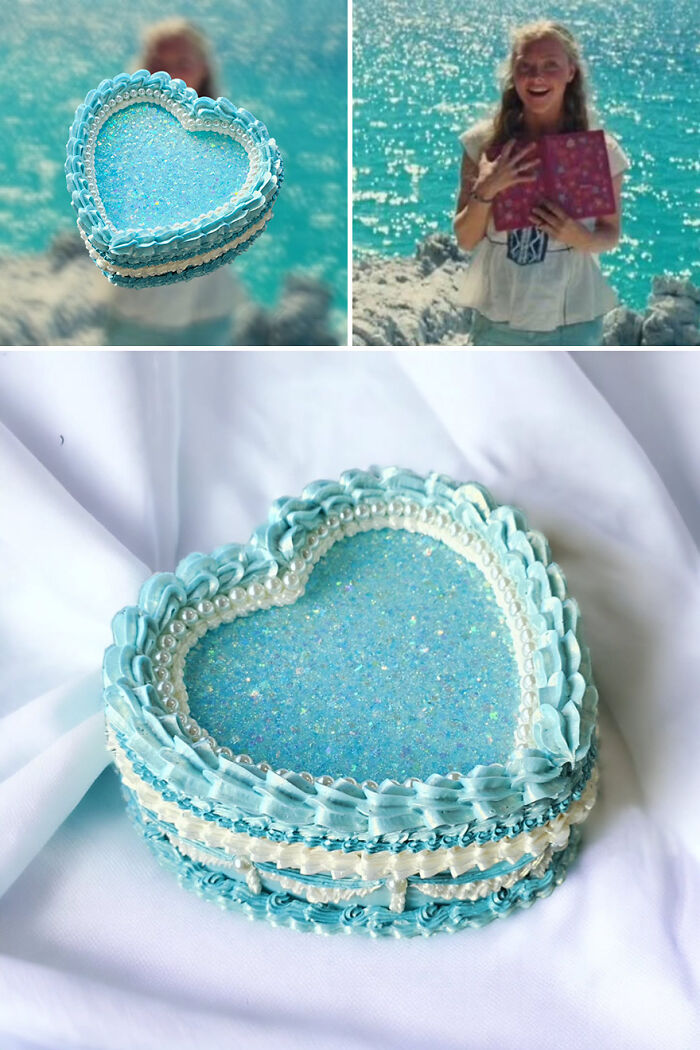 Heart-shaped cake-like storage box inspired by movies with blue frosting design on a white background.