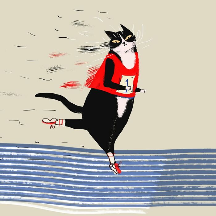 Cat in a red jersey racing on a striped track, illustrated by Jamie Shelman. Perfect for cat art enthusiasts.