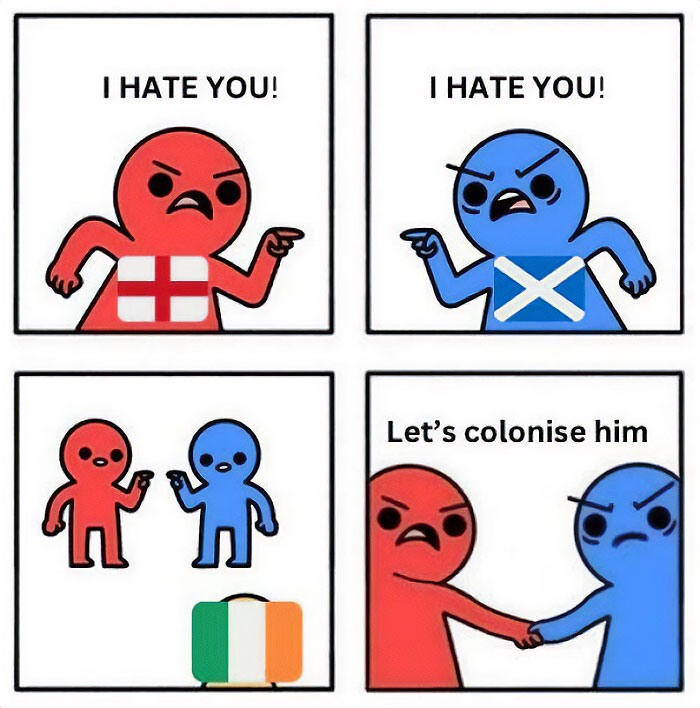 Historial memes illustrating England and Scotland uniting against Ireland with humor.