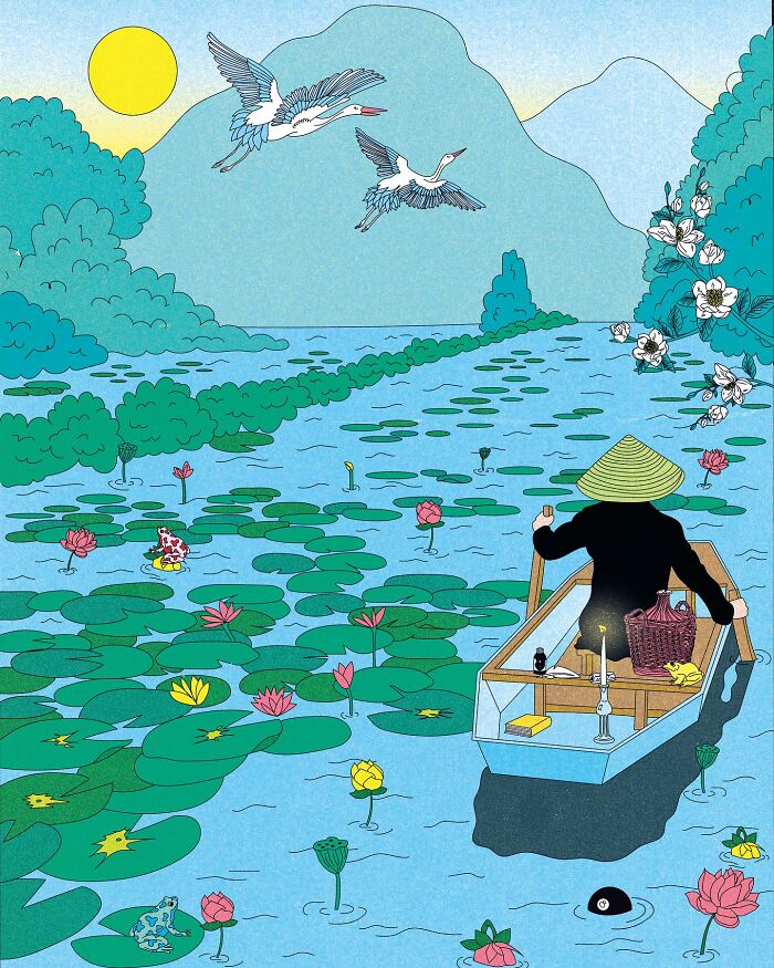 Vibrant illustration of a person rowing through a lotus-filled river, surrounded by flying birds and mountains.