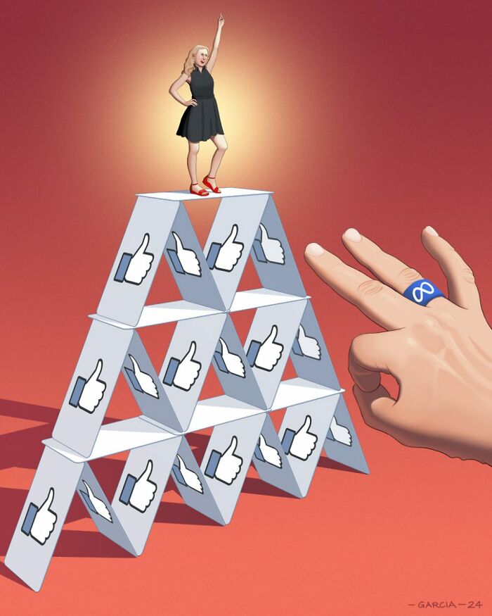 Woman stands on card pyramid of likes, symbolizing social media influence, with a hand gesture indicating potential collapse.