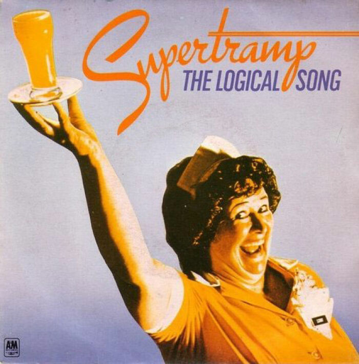 Cover art of Supertramp's "The Logical Song" from the '70s, featuring a smiling woman holding a beer glass.