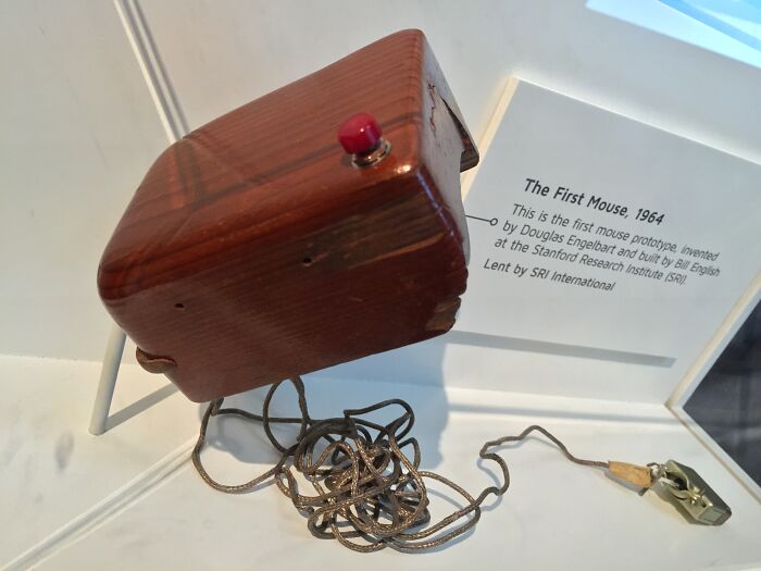 First mouse prototype from 1964 on display, a historical invention known for being ahead of its time.