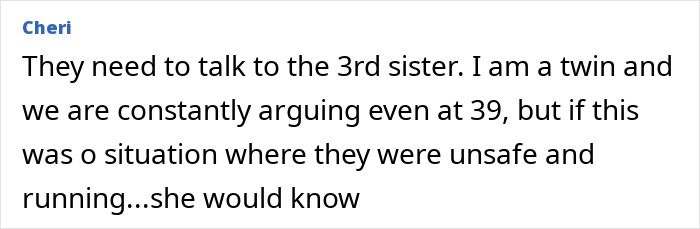 Text discussing the possible insights from a third sister about the disappearance after a night walk.