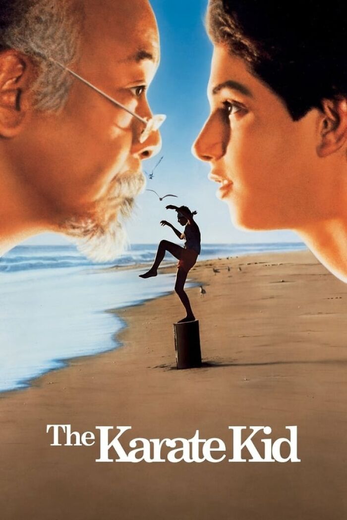 Poster of "The Karate Kid" featuring iconic training scene on the beach, a classic from best nostalgia movies.