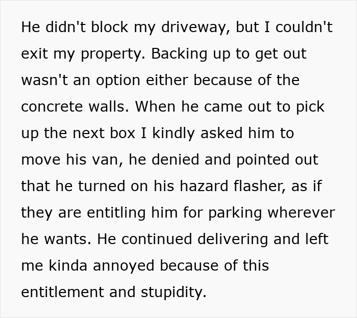 Text about a van parking situation, involving annoyance and entitlement, related to a black driveway van revenge story.