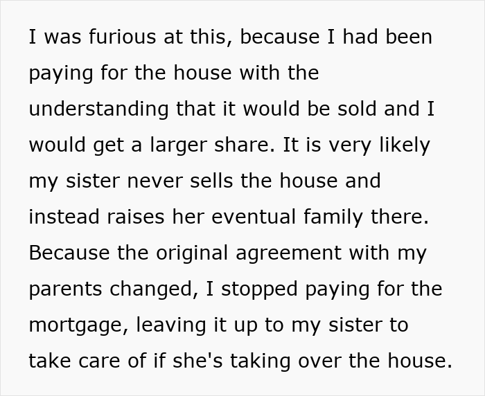 Text discussing a man stopping mortgage payments due to a jobless sister moving in.