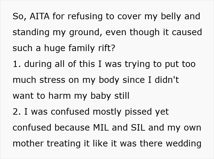 Text about a pregnant woman standing her ground at a wedding despite family drama with MIL and SIL at the reception.