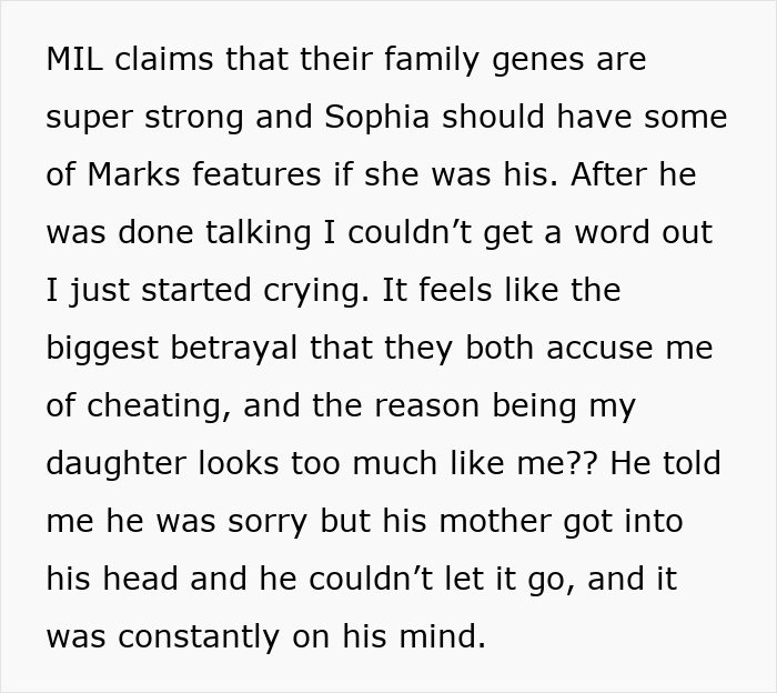 Text about MIL pressing for a paternity test over family resemblance concerns.