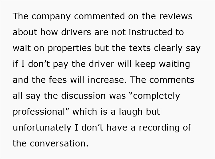 Text from a towing company dispute mentioning driver waiting fees and professional discussion claims.