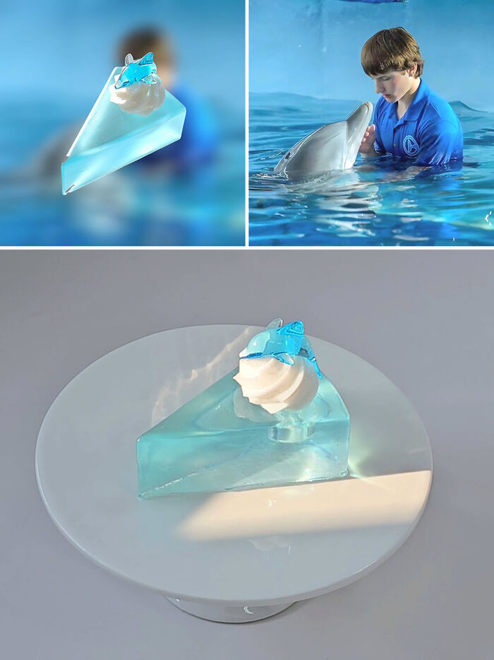 Cake-like storage box resembling a blue gelatinous dessert with whipped cream, inspired by a famous movie scene with a dolphin.