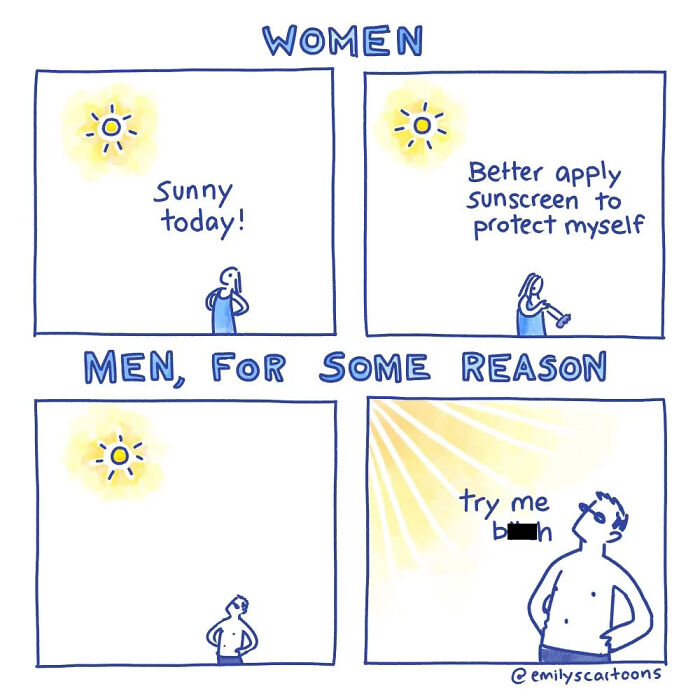 Comic by Emily McGovern humorously depicting differences in sun protection actions between women and men.