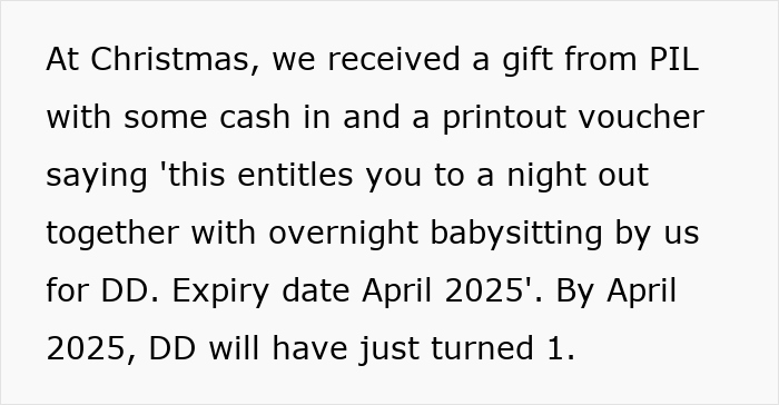 Gift from in-laws with cash and babysitting voucher, expiring April 2025, raises mom's questions.