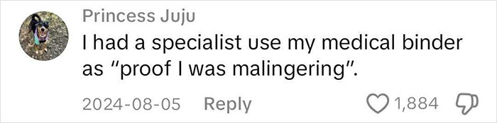 Comment discussing use of a medical binder, not taken seriously by a specialist.