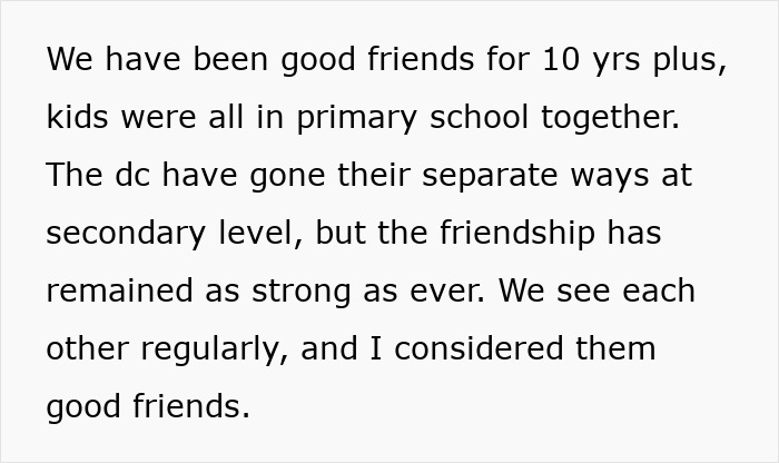 Text about enduring friendships over 10 years despite children going separate ways, related to birthday drama.