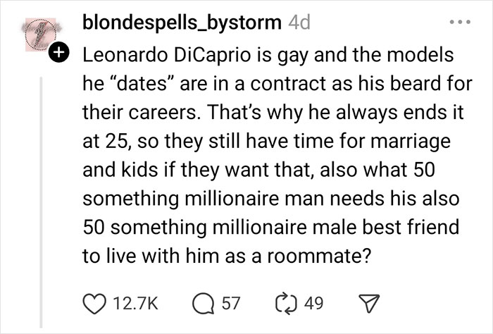 Social media post discussing celebrity rumors about Leonardo DiCaprio's relationships.