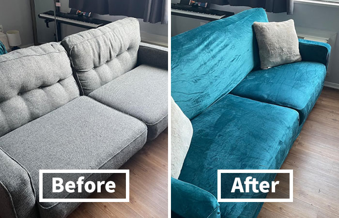 "Modernized apartment sofa transformation from gray to teal with updated upholstery."