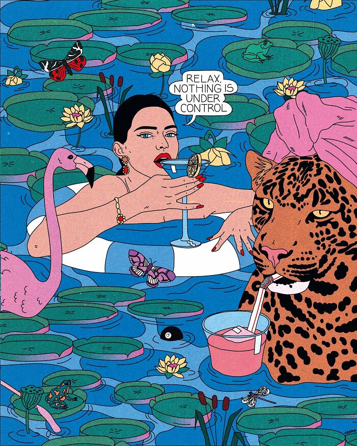 Vibrant illustration of a woman and leopard in a pool, sipping drinks, surrounded by lily pads and butterflies.