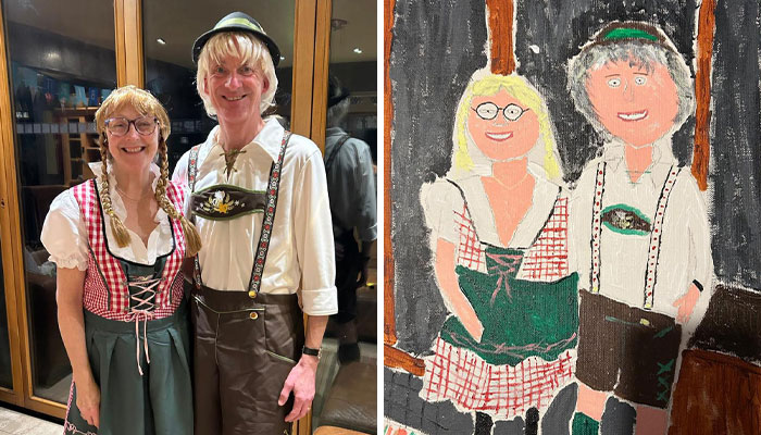 Man's painting of wife goes viral, showing couple in traditional attire paired with the amateur artwork version.