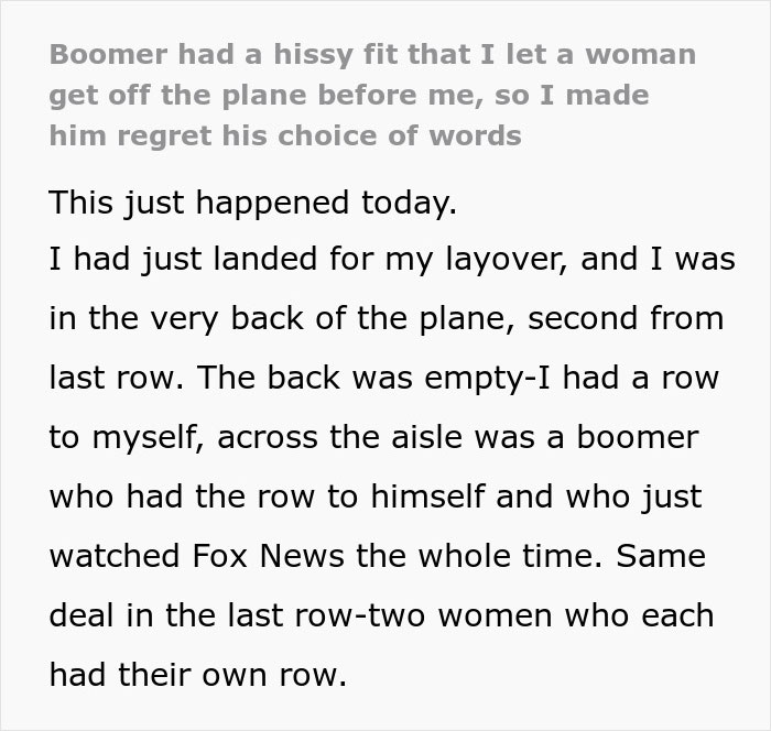 Text recounting an encounter where a passenger insists on deplaning row by row, leading to a humorous resolution.