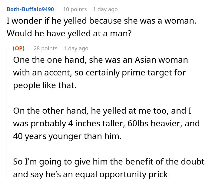 Reddit comment exchange about a stubborn boomer insisting on deplaning row by row, with a humorous reply.