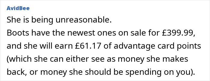 Text conversation discussing the cost of a hairdryer and earning advantage card points at Boots.