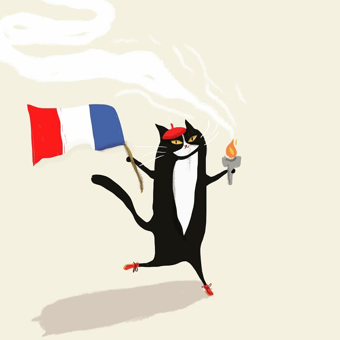 Cat illustration by Jamie Shelman, featuring a beret-wearing cat holding the French flag and torch.