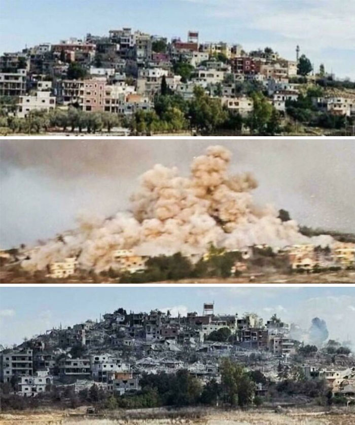 Urban area before and after destruction, highlighting the concept of a “boring dystopia” in modern times.