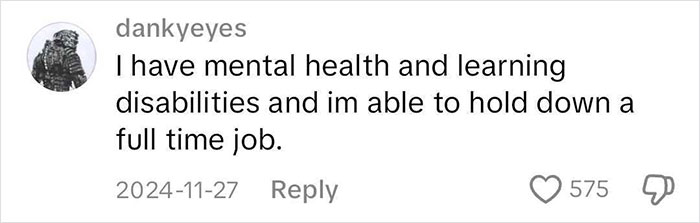 Comment about balancing mental health and a full-time job, dated 2024-11-27, with 575 likes.