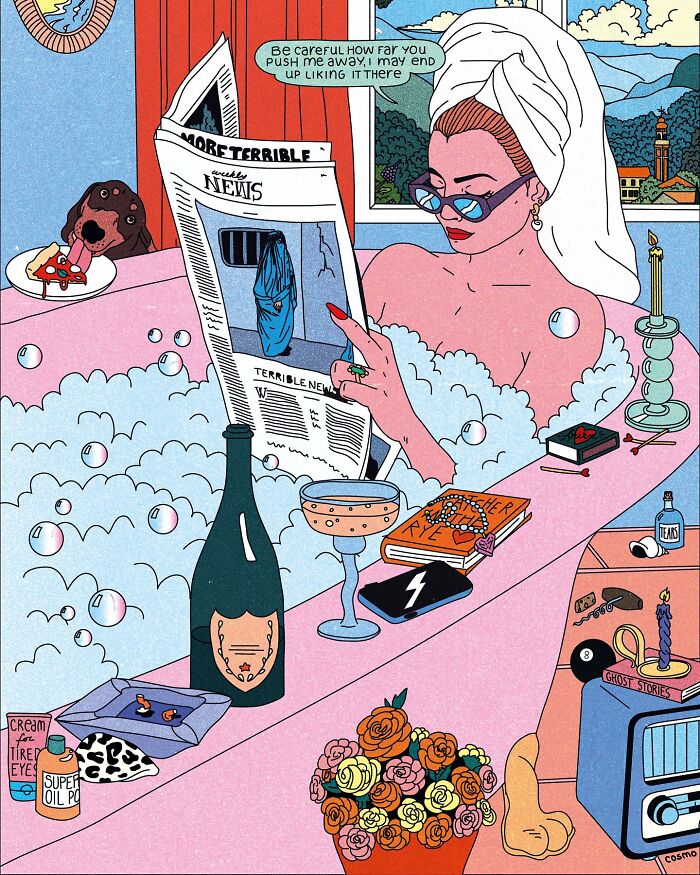 Vibrant illustration of a woman in a bathtub reading a newspaper, surrounded by humorous and sarcastic details.