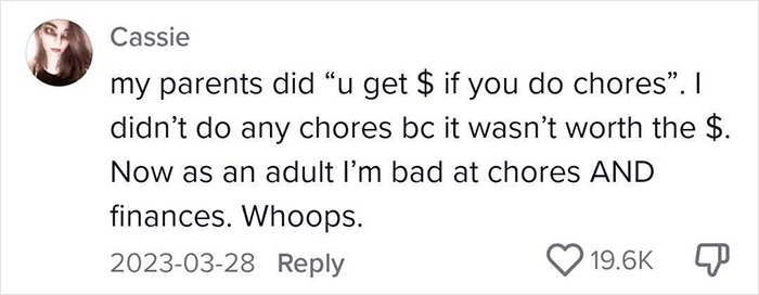 Comment discussing the downside of paying children for chores, highlighting adult issues with chores and finances.