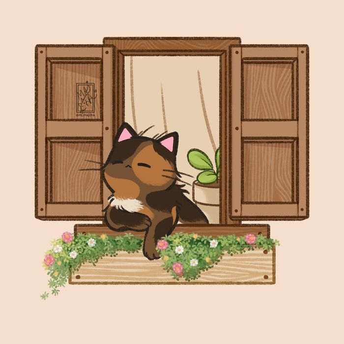 Cute cat drawing by Mj.majcha, resting contently on a windowsill with flowers, creating an adorable scene.