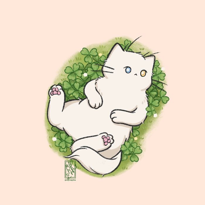 Adorable cat drawing by Mj.majcha lying on a bed of clovers with a serene expression.